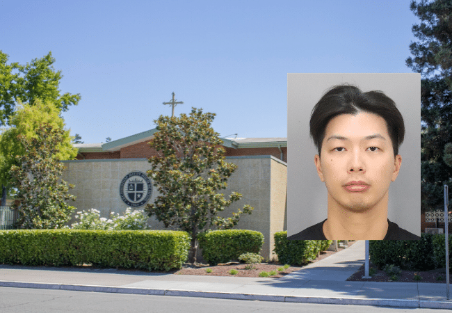 Archbishop Mitty High School in San Jose, California, with an inset photo of Kelvin Chiu, an athletic trainer arrested following a sexual assault allegation involving a student.