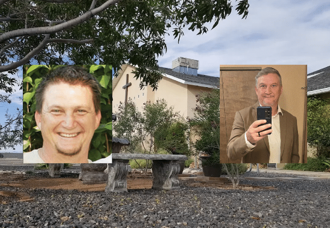 Composite image showing Kingman First Southern Baptist Church in Kingman, Arizona, alongside photos of former pastor and teacher Richard Scott Felton, arrested in October 2026 on a child sexual abuse allegation.