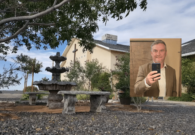 Composite image showing Kingman First Southern Baptist Church in Kingman, Arizona, alongside a photo of former pastor and teacher Richard Scott Felton, arrested in October 2026 on a child sexual abuse allegation.