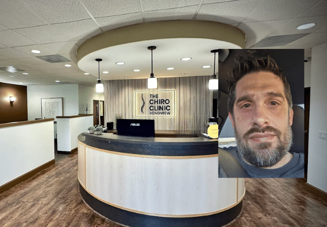 : The Chiro Clinic reception area in Longview, Washington, alongside a photo of massage therapist Matthew Edward Grimm.