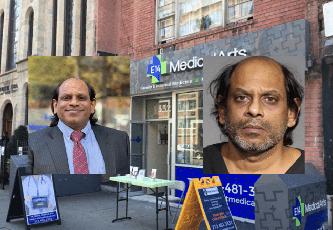Collage featuring Manhattan neurologist Dr. Tariq Lamki, his booking photo, and the exterior of 14th Street Medical Arts in New York City, where he allegedly sexually abused two female patients.