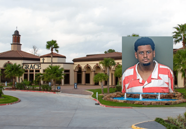 Grace Woodlands church exterior with a booking photo of Isaias Escobar, who was arrested and charged with sexual assault of a child.